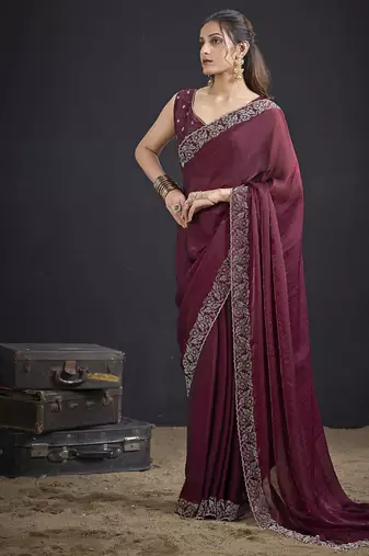 Indian maroon heavy hand work zarkan border silk saree