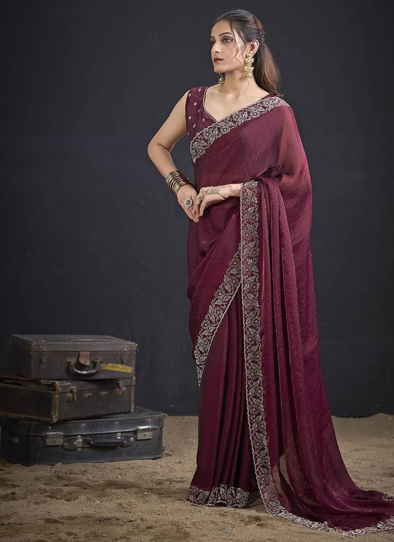 Indian maroon heavy hand work zarkan border silk saree