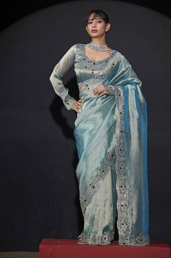 Designer sky blue handwork zarkan border kanjivaram silk saree