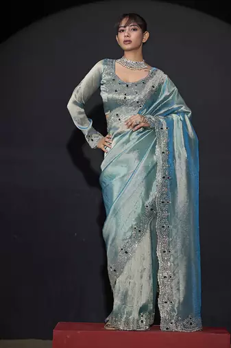 Designer sky blue handwork zarkan border kanjivaram silk saree