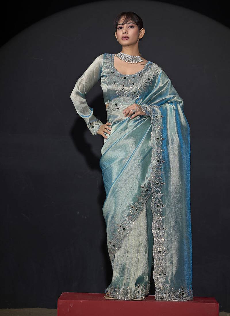 Designer sky blue handwork zarkan border kanjivaram silk saree