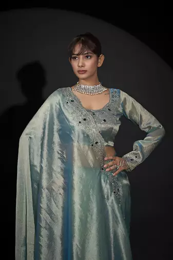 sky blue handwork zarkan border kanjivaram silk saree