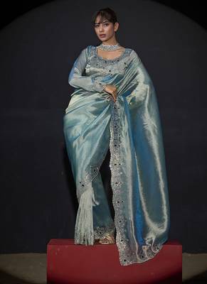 sky blue handwork zarkan border kanjivaram silk saree 5