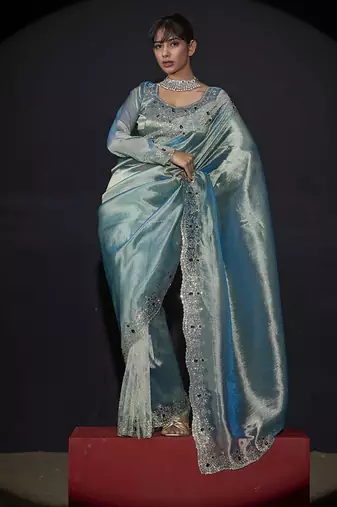 sky blue handwork zarkan border kanjivaram silk saree