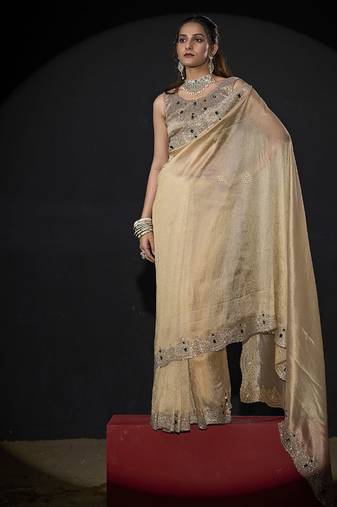 Designer beige handwork zarkan border kanjivaram silk saree