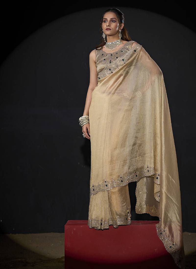 Designer beige handwork zarkan border kanjivaram silk saree