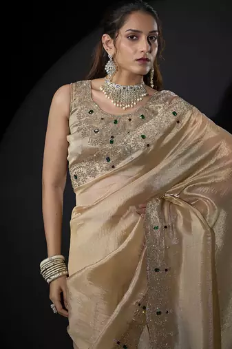 beige handwork zarkan border kanjivaram silk saree