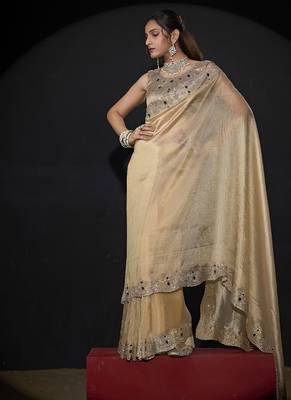 beige handwork zarkan border kanjivaram silk saree 5