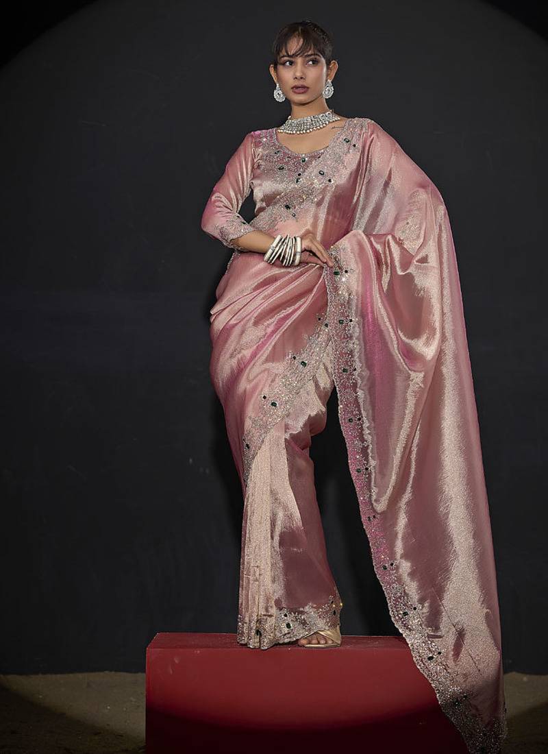 Designer pink handwork zarkan border kanjivaram silk saree