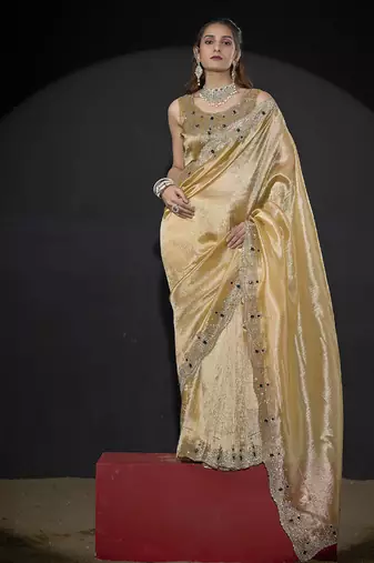 Designer yellow handwork zarkan border kanjivaram silk saree