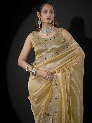 designer yellow handwork zarkan border kanjivaram silk saree 3