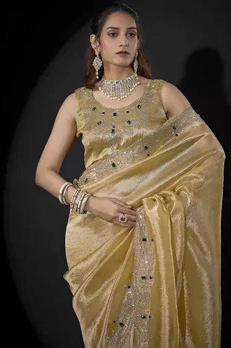 designer yellow handwork zarkan border kanjivaram silk saree