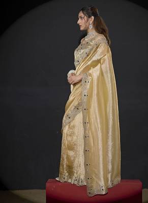 designer yellow handwork zarkan border kanjivaram silk saree 5