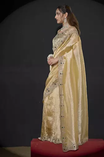 designer yellow handwork zarkan border kanjivaram silk saree