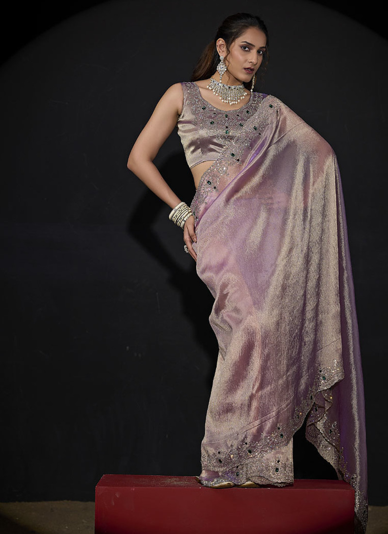 Designer Lavender Handwork Zarkan Border Kanjivaram Silk Saree