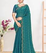 Designer sky blue heavy zarkan work satin silk saree