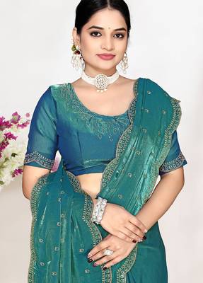 sky blue satin designer silk saree with heavy zarkan work 2