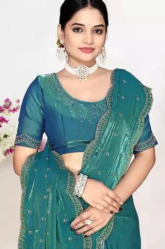 sky blue satin designer silk saree with heavy zarkan work