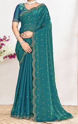 sky blue satin designer silk saree with heavy zarkan work 3