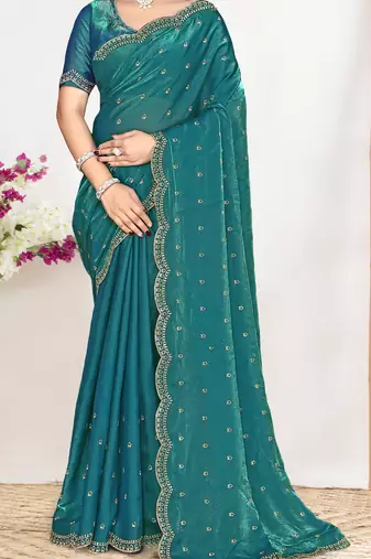 sky blue satin designer silk saree with heavy zarkan work