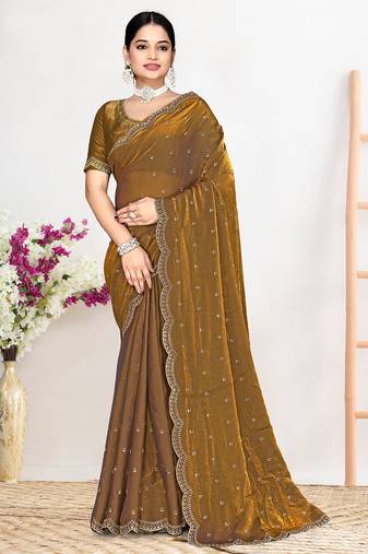 Designer golden heavy zarkan work satin silk saree