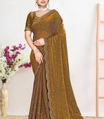 Designer golden heavy zarkan work satin silk saree