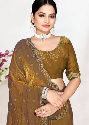 golden satin designer silk saree with heavy zarkan work 2