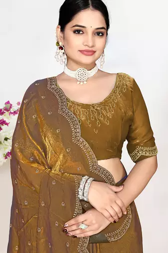 golden satin designer silk saree with heavy zarkan work