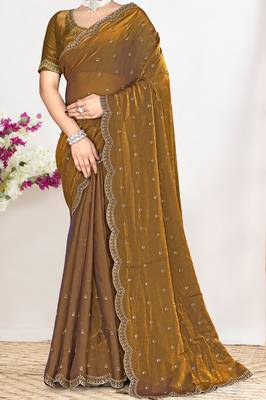 golden satin designer silk saree with heavy zarkan work 3