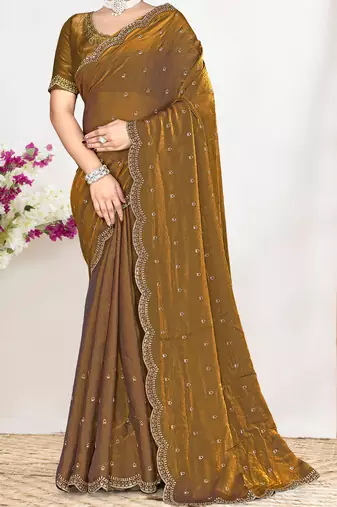 golden satin designer silk saree with heavy zarkan work