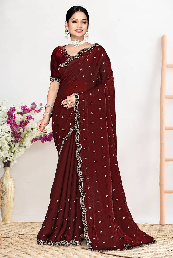 Designer maroon heavy zarkan work satin silk saree
