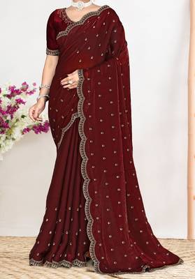 maroon satin designer silk saree with heavy zarkan work 3