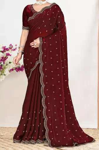 maroon satin designer silk saree with heavy zarkan work