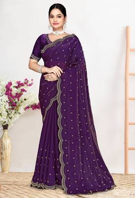 purple satin designer silk saree with heavy zarkan work 1