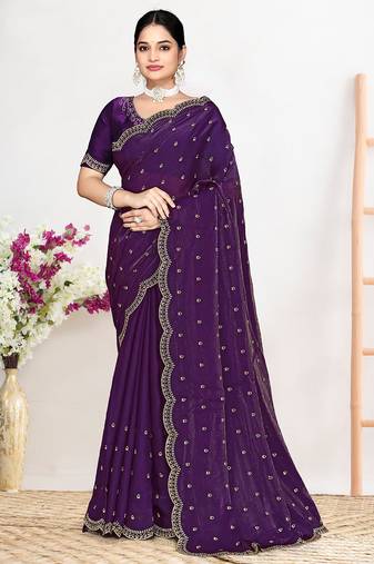 Designer purple heavy zarkan work satin silk saree