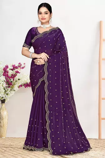 Designer purple heavy zarkan work satin silk saree
