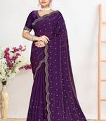 Designer purple heavy zarkan work satin silk saree