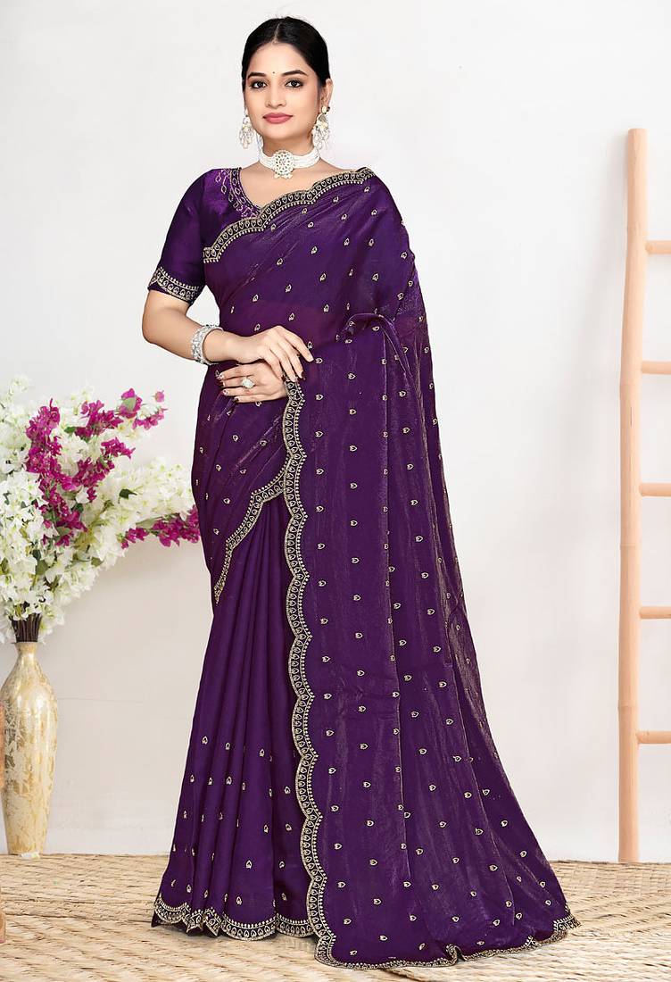 Designer purple heavy zarkan work satin silk saree