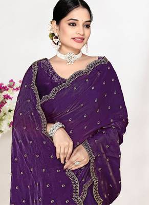 purple satin designer silk saree with heavy zarkan work 2