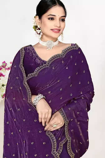 purple satin designer silk saree with heavy zarkan work