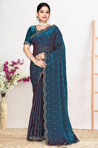 Designer teal blue heavy zarkan work satin silk saree