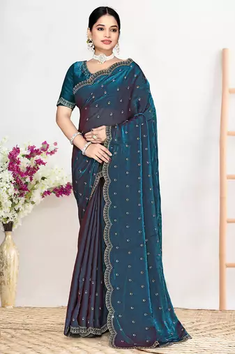 Designer teal blue heavy zarkan work satin silk saree