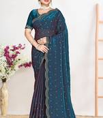 Designer teal blue heavy zarkan work satin silk saree