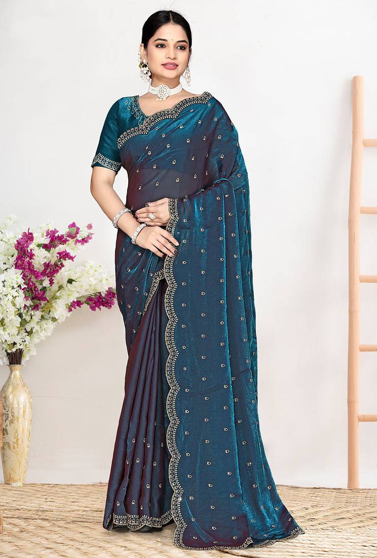 Designer teal blue heavy zarkan work satin silk saree