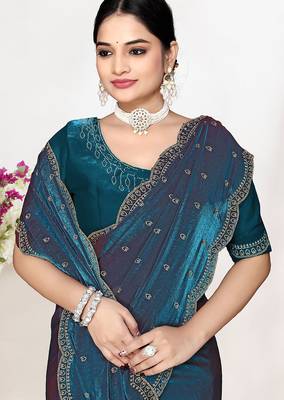 teal blue satin designer silk saree with heavy zarkan work
 2