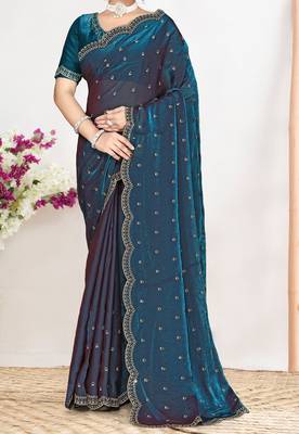 teal blue satin designer silk saree with heavy zarkan work
 3