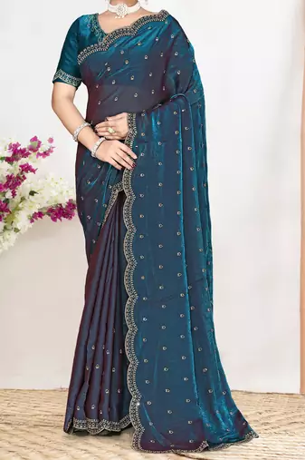 teal blue satin designer silk saree with heavy zarkan work