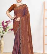 Designer rust heavy zarkan work satin silk saree