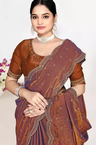 rust satin designer silk saree with heavy zarkan work
