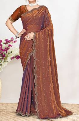 rust satin designer silk saree with heavy zarkan work 3